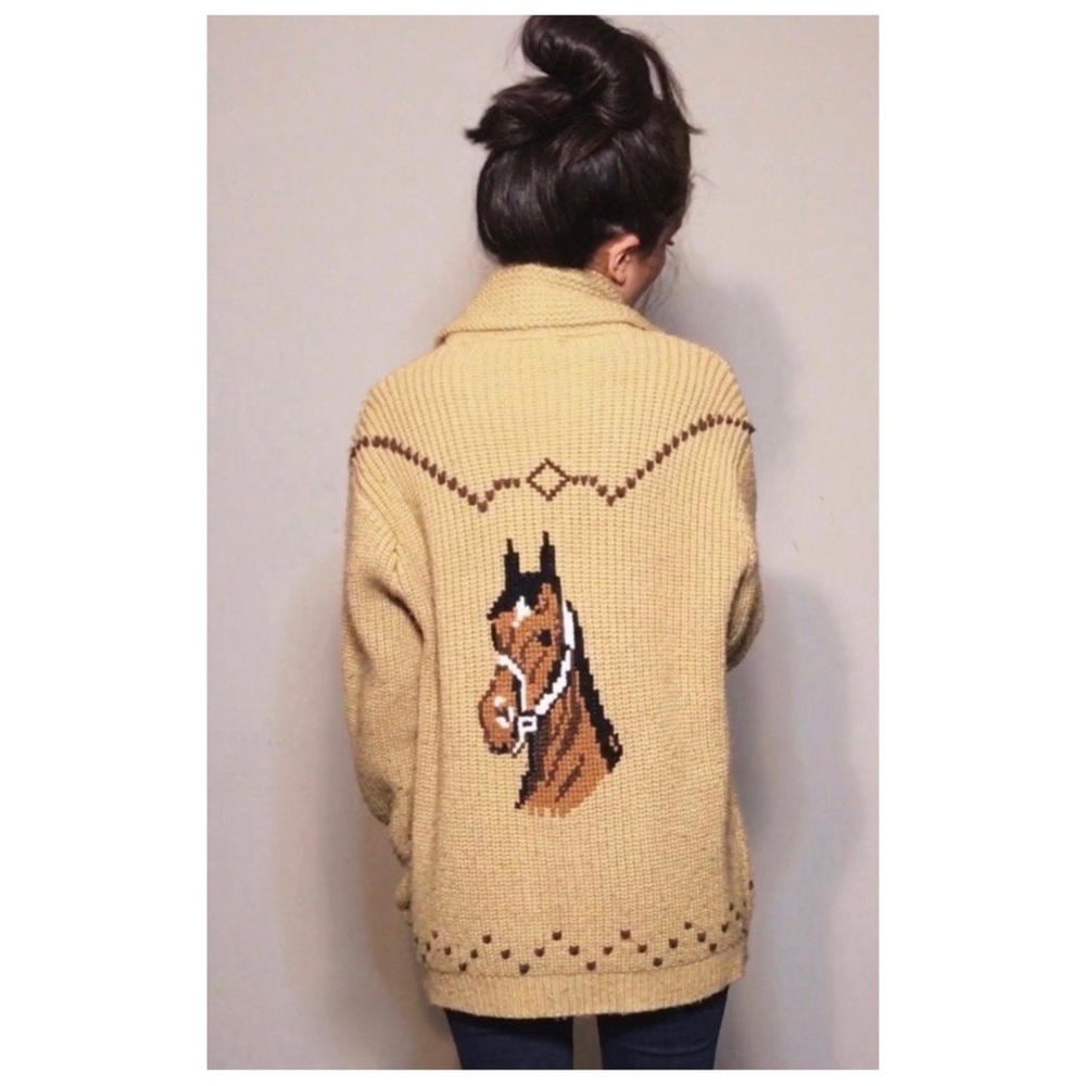 Vintage 1970s Horse Oversized Cardigan Shawl Collar Novelty Sweater XL